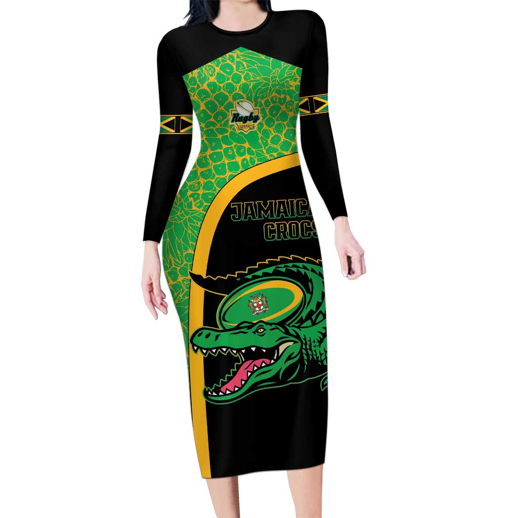 Jamaica Rugby Custom Family Matching Long Sleeve Bodycon Dress and Hawaiian Shirt Go Jamaica Crocs - Pineapple Pattern
