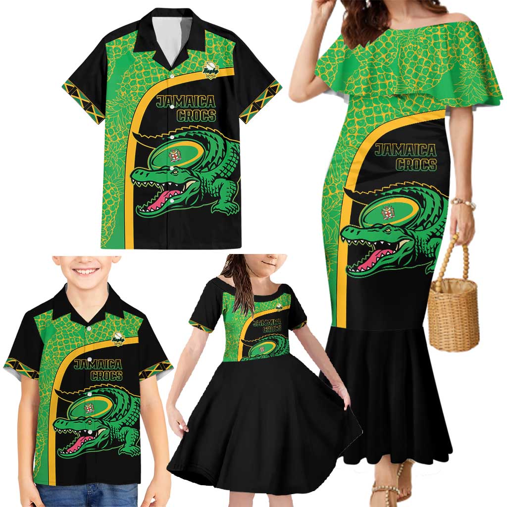 Jamaica Rugby Custom Family Matching Mermaid Dress and Hawaiian Shirt Go Jamaica Crocs - Pineapple Pattern