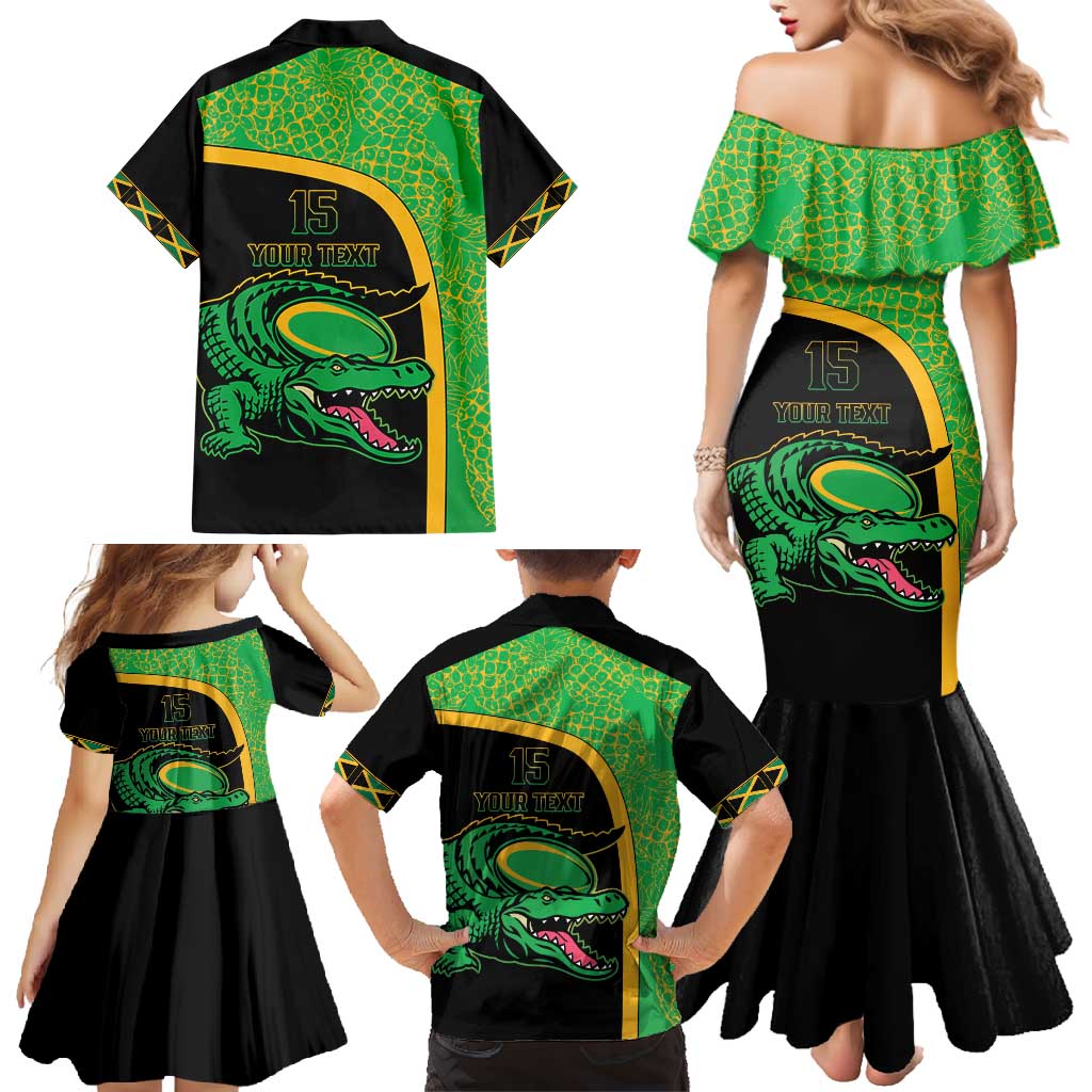 Jamaica Rugby Custom Family Matching Mermaid Dress and Hawaiian Shirt Go Jamaica Crocs - Pineapple Pattern