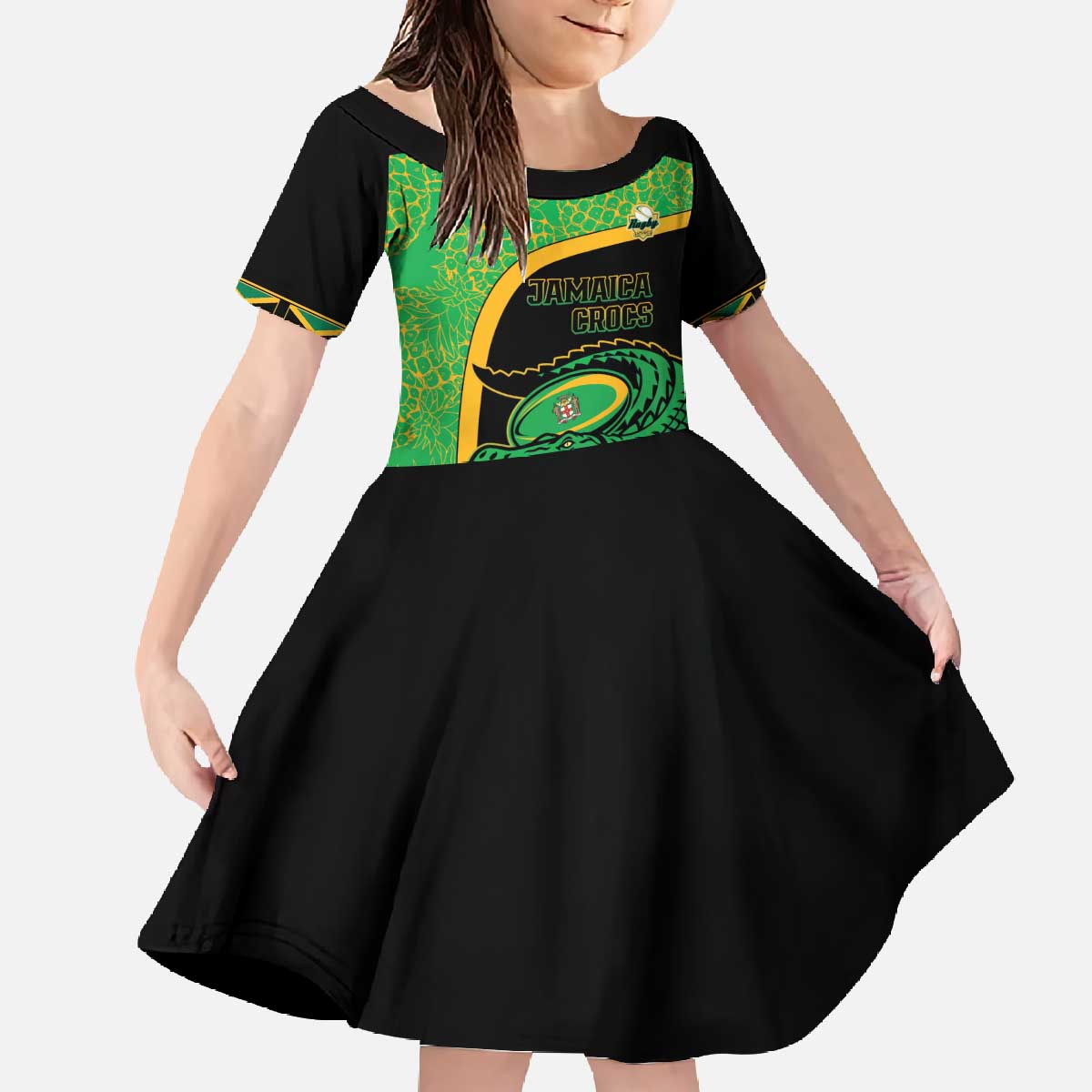 Jamaica Rugby Custom Family Matching Off The Shoulder Long Sleeve Dress and Hawaiian Shirt Go Jamaica Crocs - Pineapple Pattern