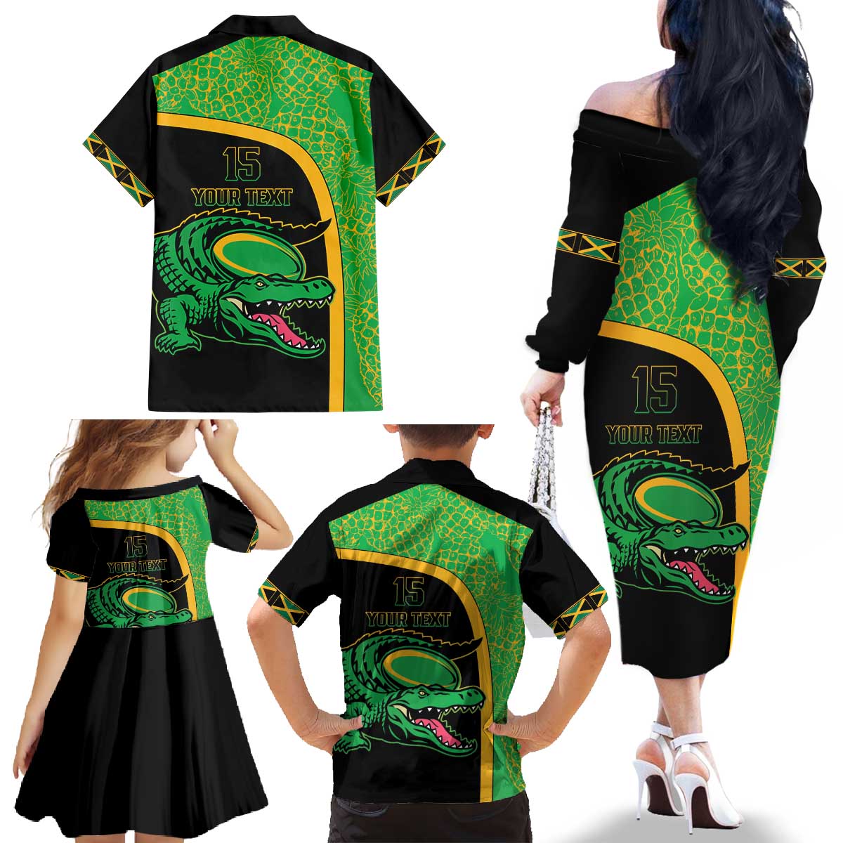 Jamaica Rugby Custom Family Matching Off The Shoulder Long Sleeve Dress and Hawaiian Shirt Go Jamaica Crocs - Pineapple Pattern