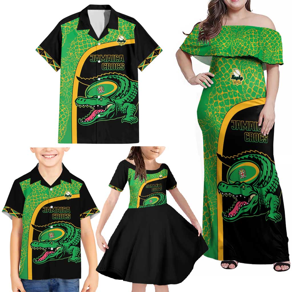 Jamaica Rugby Custom Family Matching Off Shoulder Maxi Dress and Hawaiian Shirt Go Jamaica Crocs - Pineapple Pattern