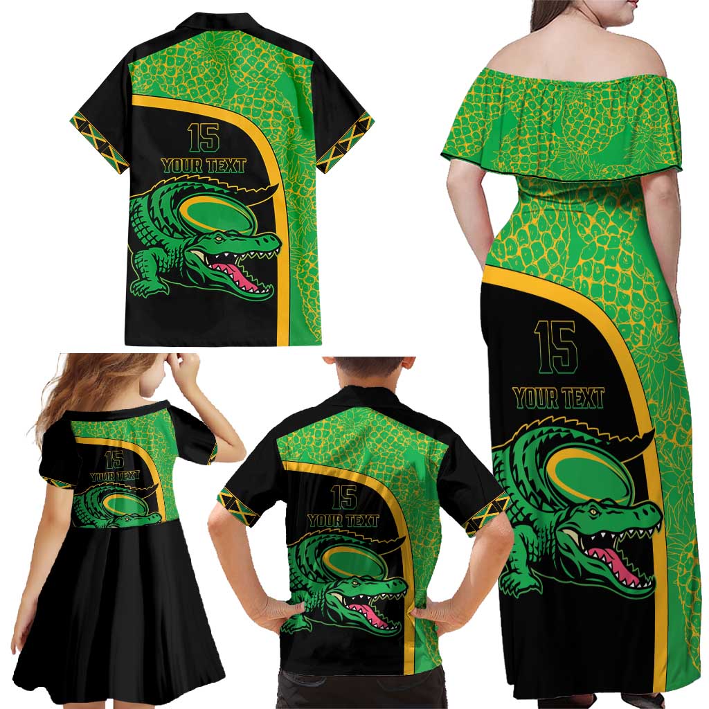 Jamaica Rugby Custom Family Matching Off Shoulder Maxi Dress and Hawaiian Shirt Go Jamaica Crocs - Pineapple Pattern