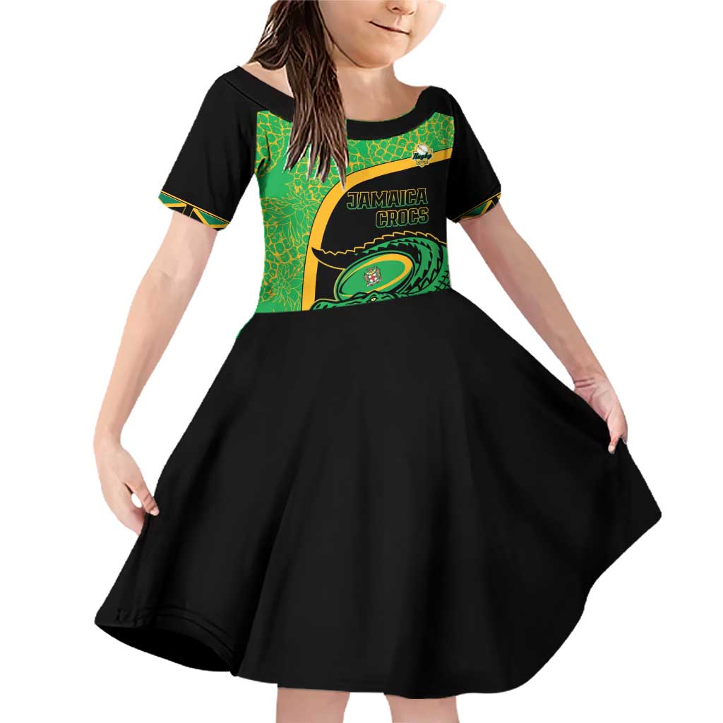 Jamaica Rugby Custom Family Matching Off Shoulder Short Dress and Hawaiian Shirt Go Jamaica Crocs - Pineapple Pattern