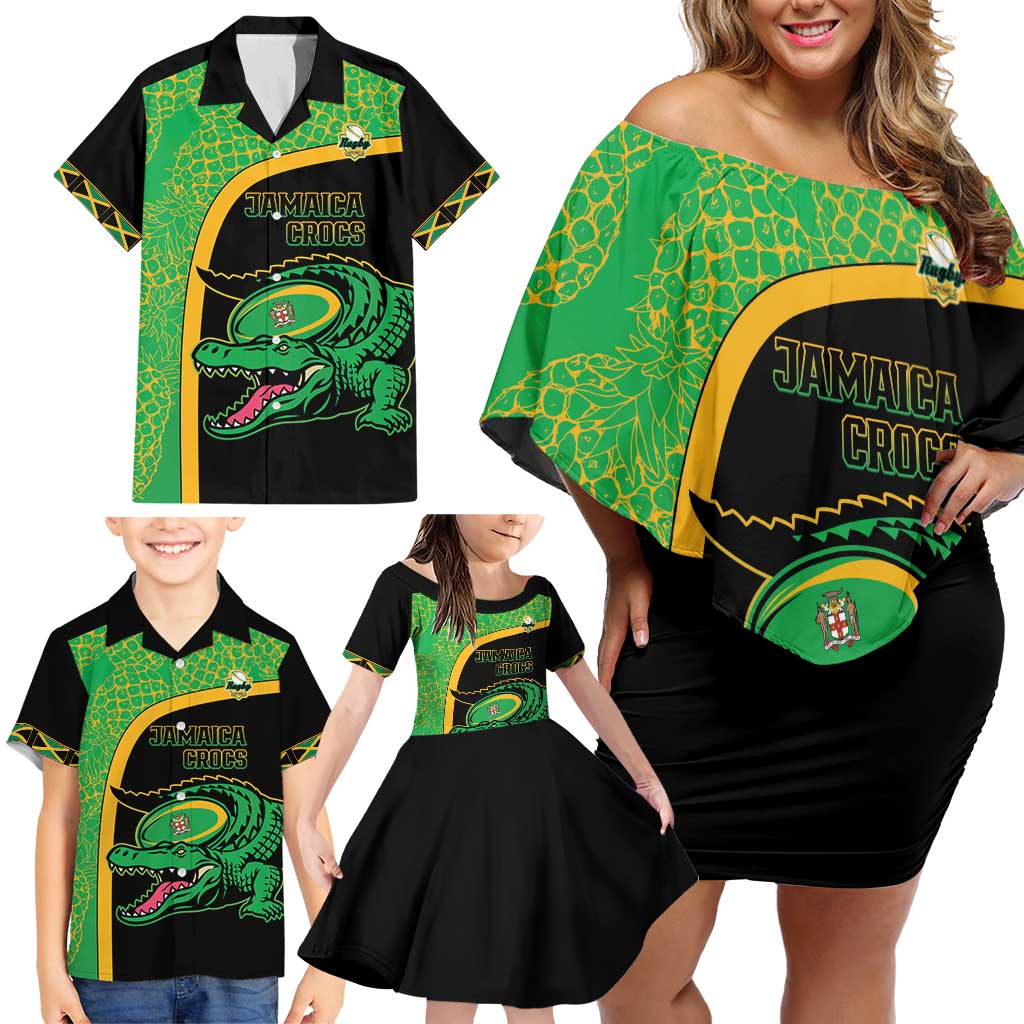 Jamaica Rugby Custom Family Matching Off Shoulder Short Dress and Hawaiian Shirt Go Jamaica Crocs - Pineapple Pattern