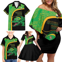 Jamaica Rugby Custom Family Matching Off Shoulder Short Dress and Hawaiian Shirt Go Jamaica Crocs - Pineapple Pattern
