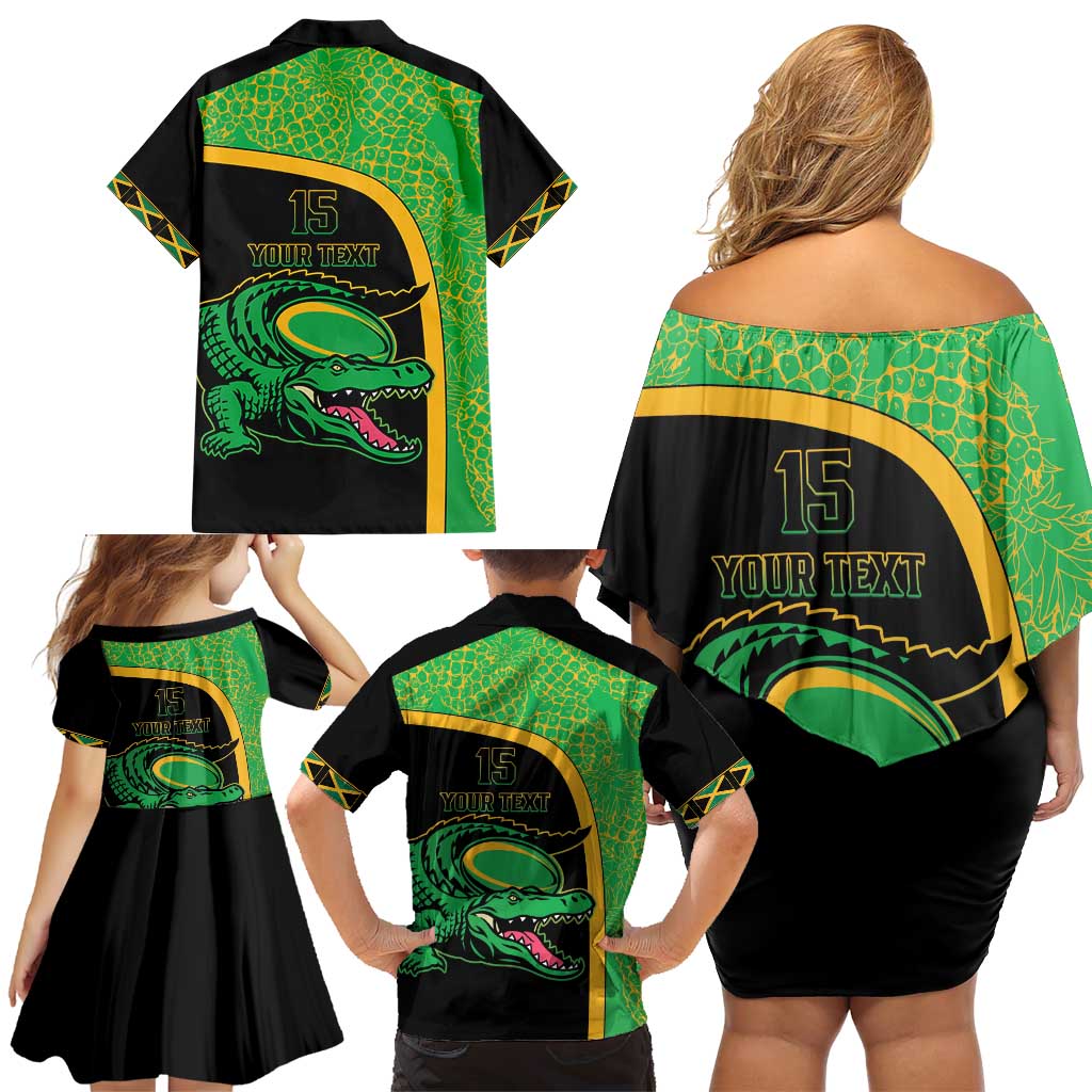 Jamaica Rugby Custom Family Matching Off Shoulder Short Dress and Hawaiian Shirt Go Jamaica Crocs - Pineapple Pattern