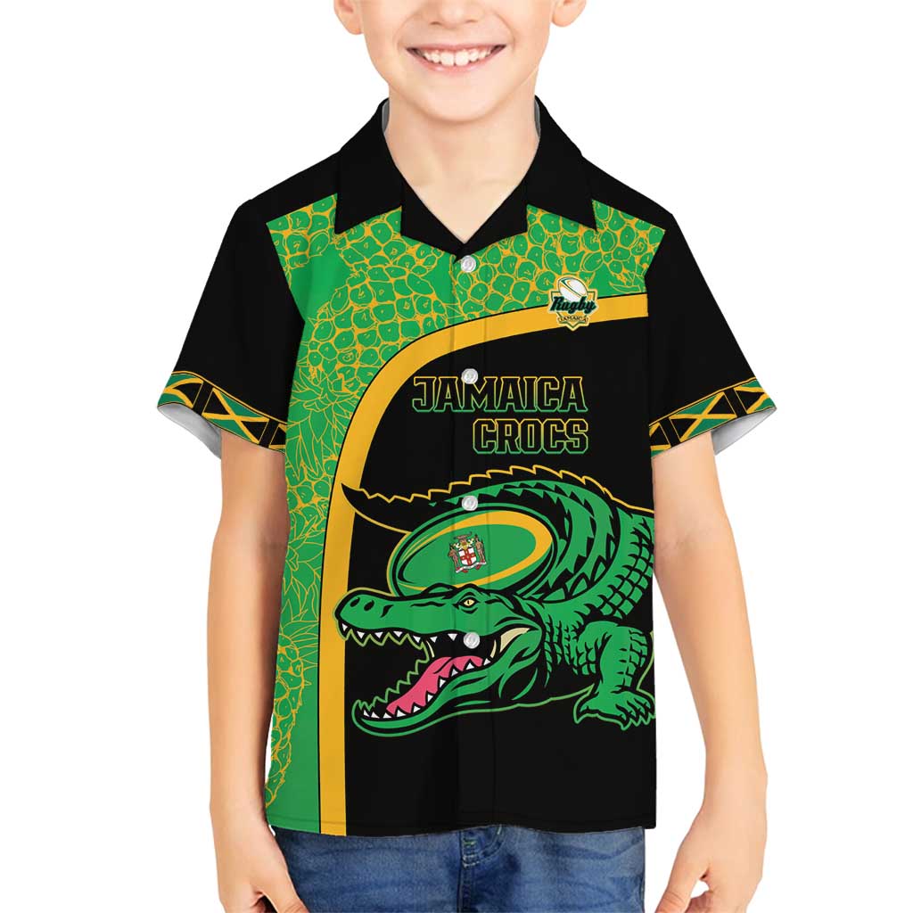 Jamaica Rugby Custom Family Matching Off Shoulder Short Dress and Hawaiian Shirt Go Jamaica Crocs - Pineapple Pattern