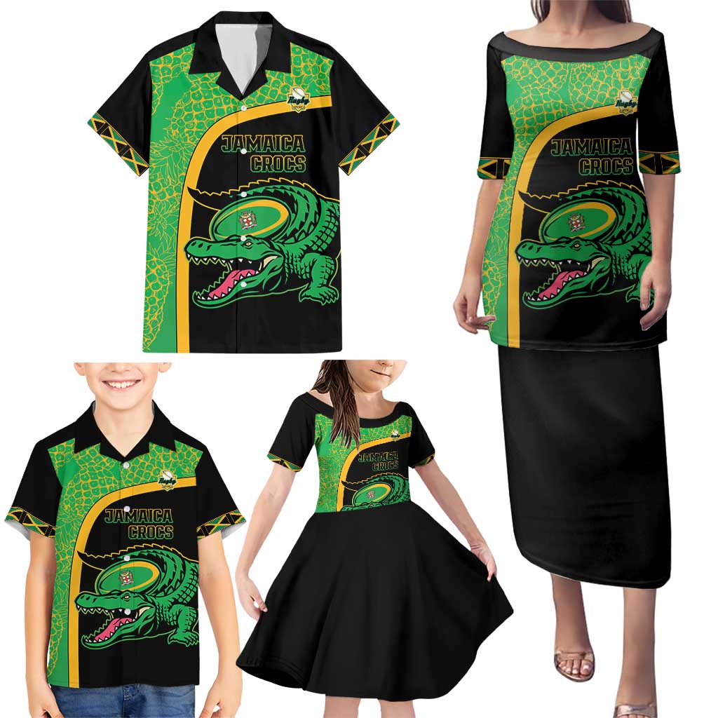 Jamaica Rugby Custom Family Matching Puletasi and Hawaiian Shirt Go Jamaica Crocs - Pineapple Pattern