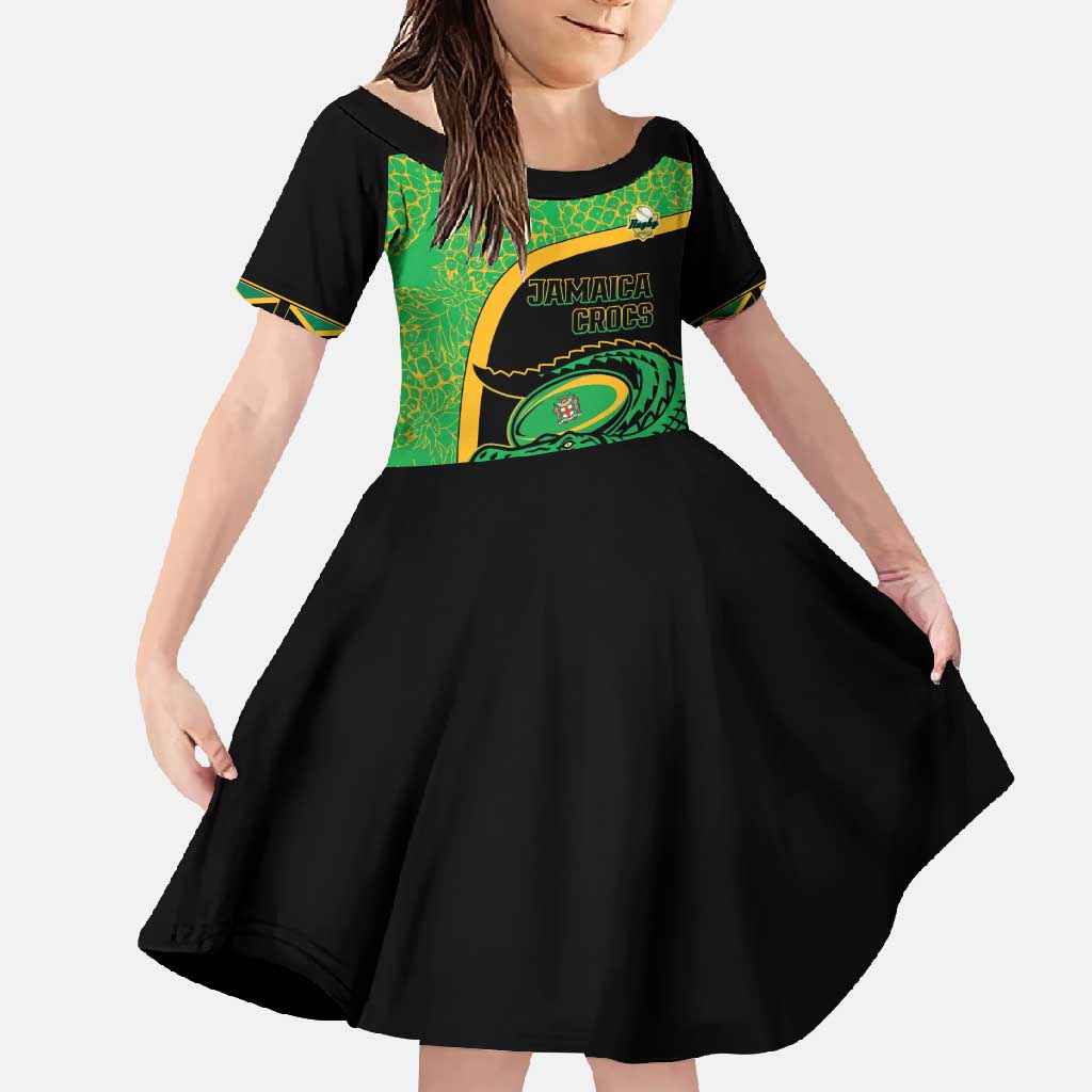 Jamaica Rugby Custom Family Matching Short Sleeve Bodycon Dress and Hawaiian Shirt Go Jamaica Crocs - Pineapple Pattern
