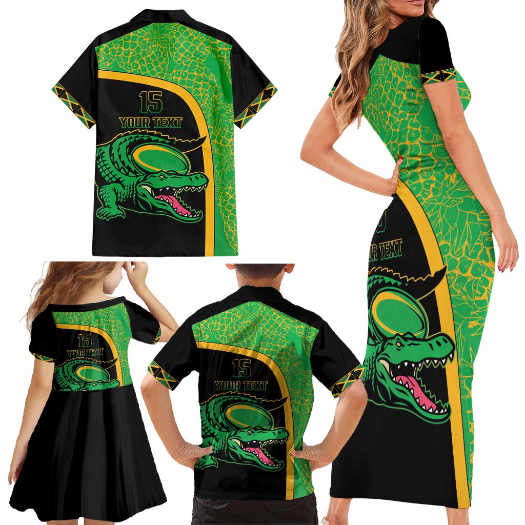 Jamaica Rugby Custom Family Matching Short Sleeve Bodycon Dress and Hawaiian Shirt Go Jamaica Crocs - Pineapple Pattern