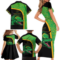 Jamaica Rugby Custom Family Matching Short Sleeve Bodycon Dress and Hawaiian Shirt Go Jamaica Crocs - Pineapple Pattern
