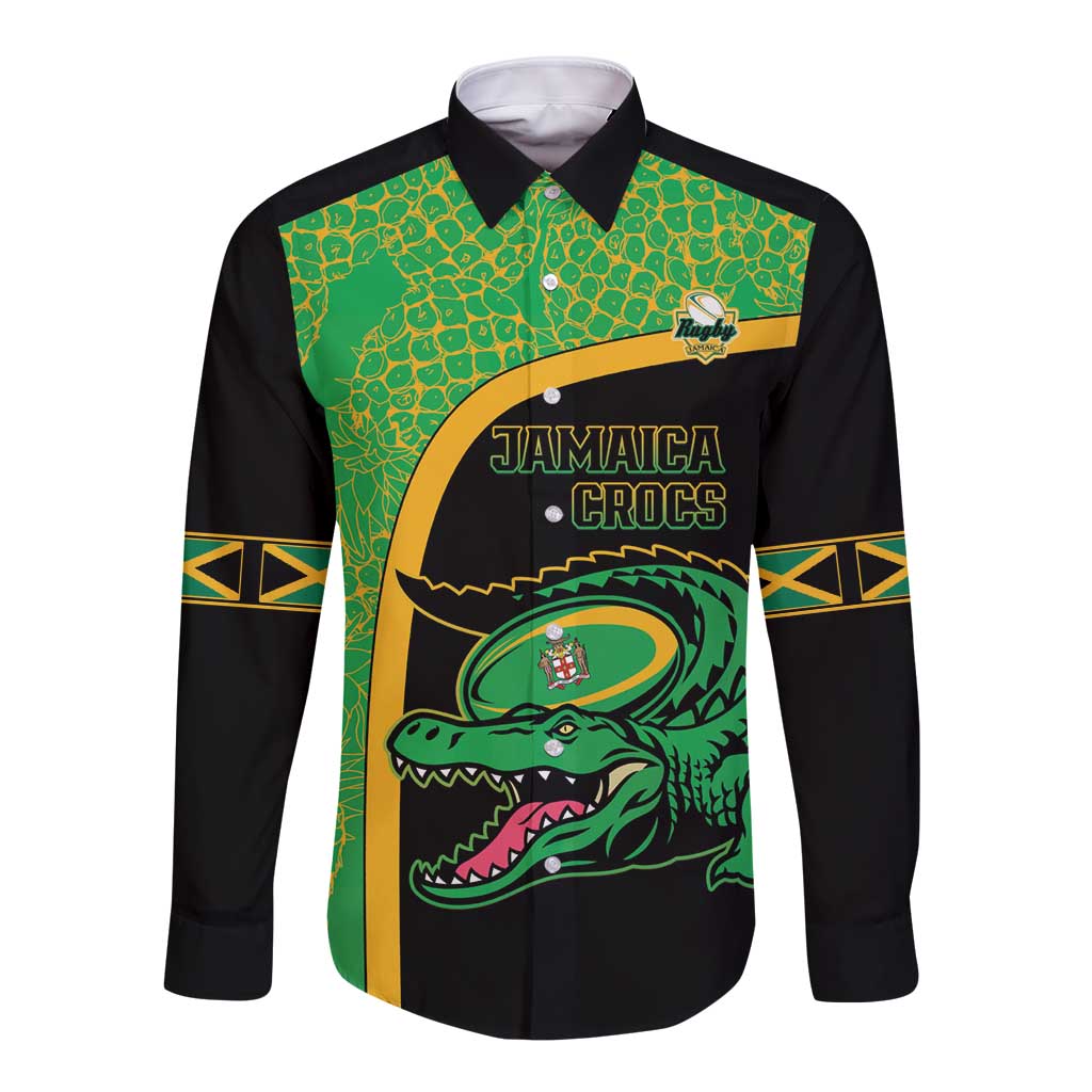 Jamaica Rugby Custom Long Sleeve Button Shirt Go Jamaica Crocs - Pineapple Pattern