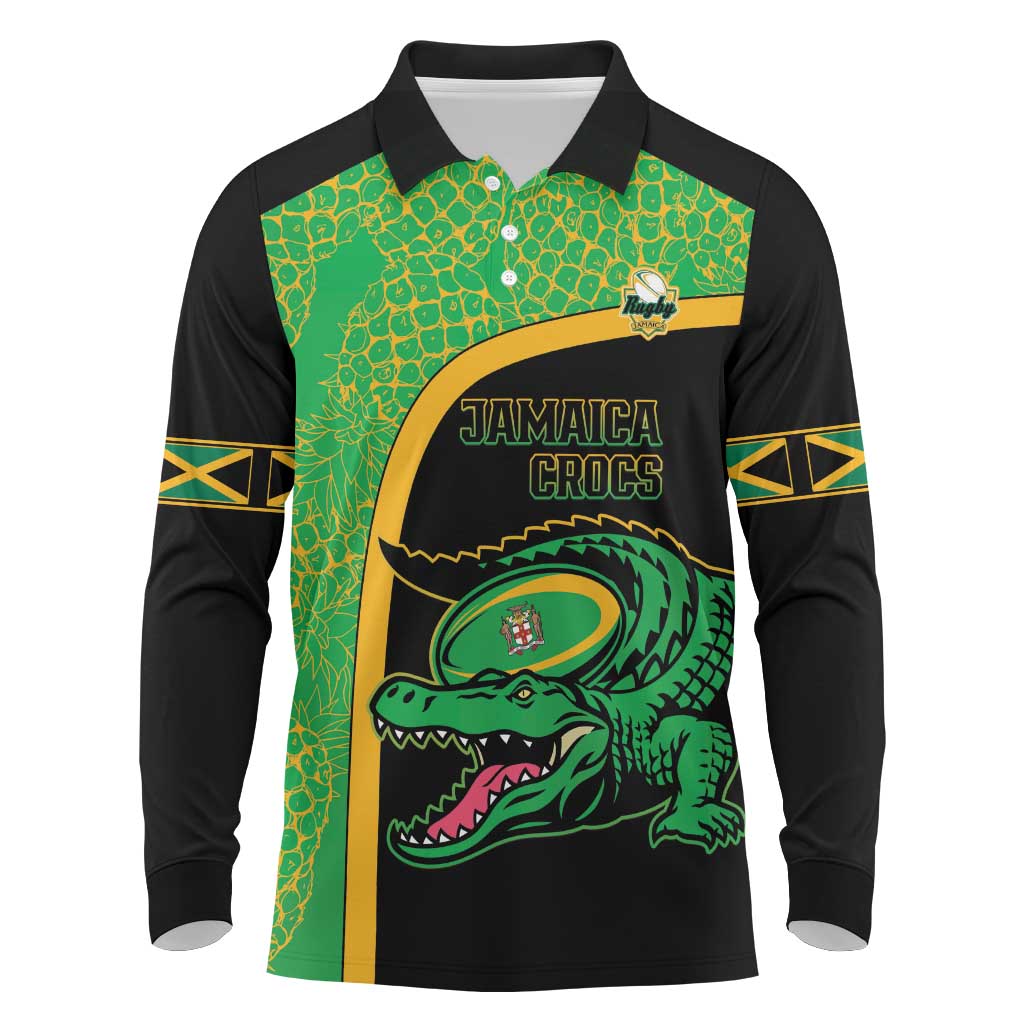 Jamaica Rugby Custom Long Sleeve Polo Shirt Go Jamaica Crocs - Pineapple Pattern