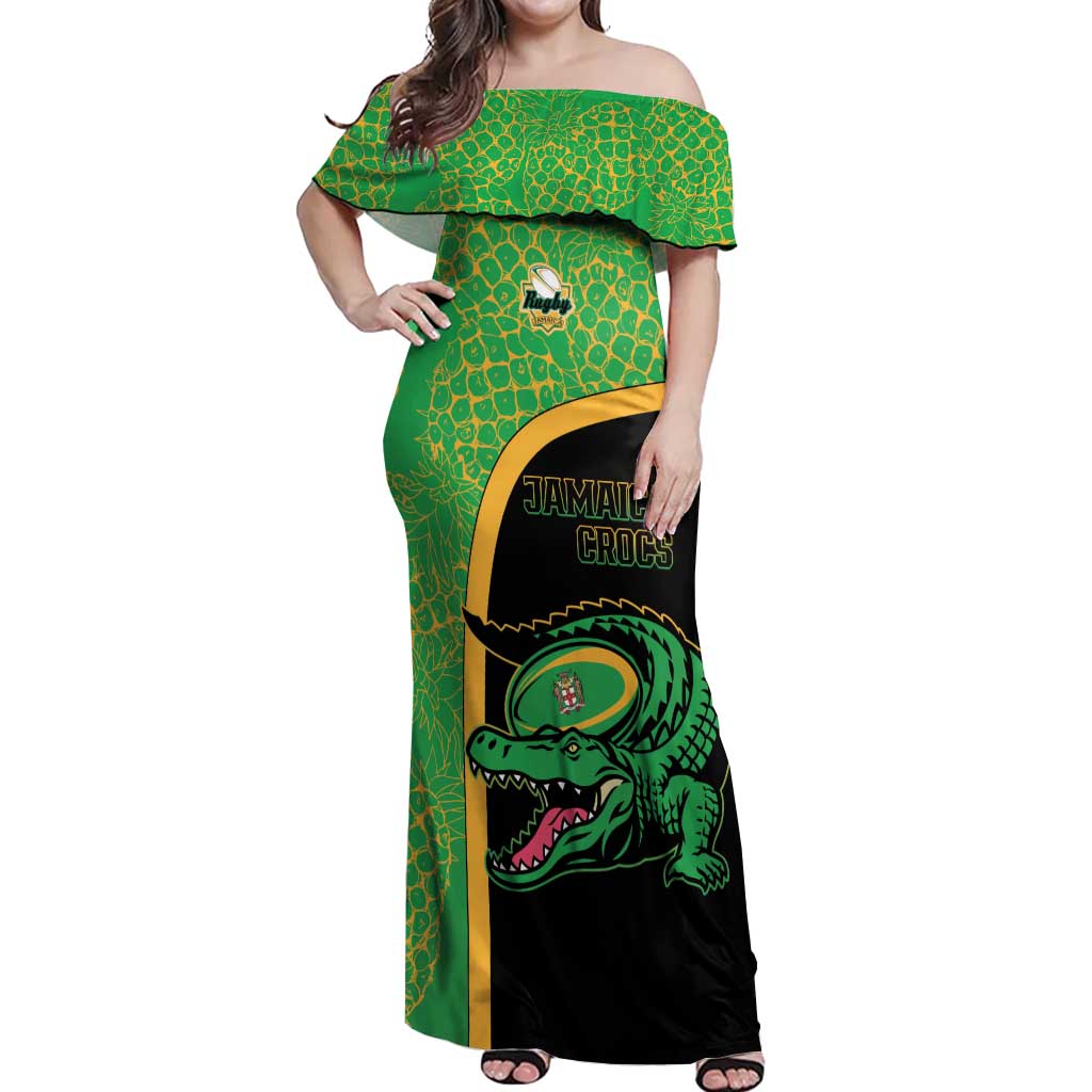 Jamaica Rugby Custom Off Shoulder Maxi Dress Go Jamaica Crocs - Pineapple Pattern