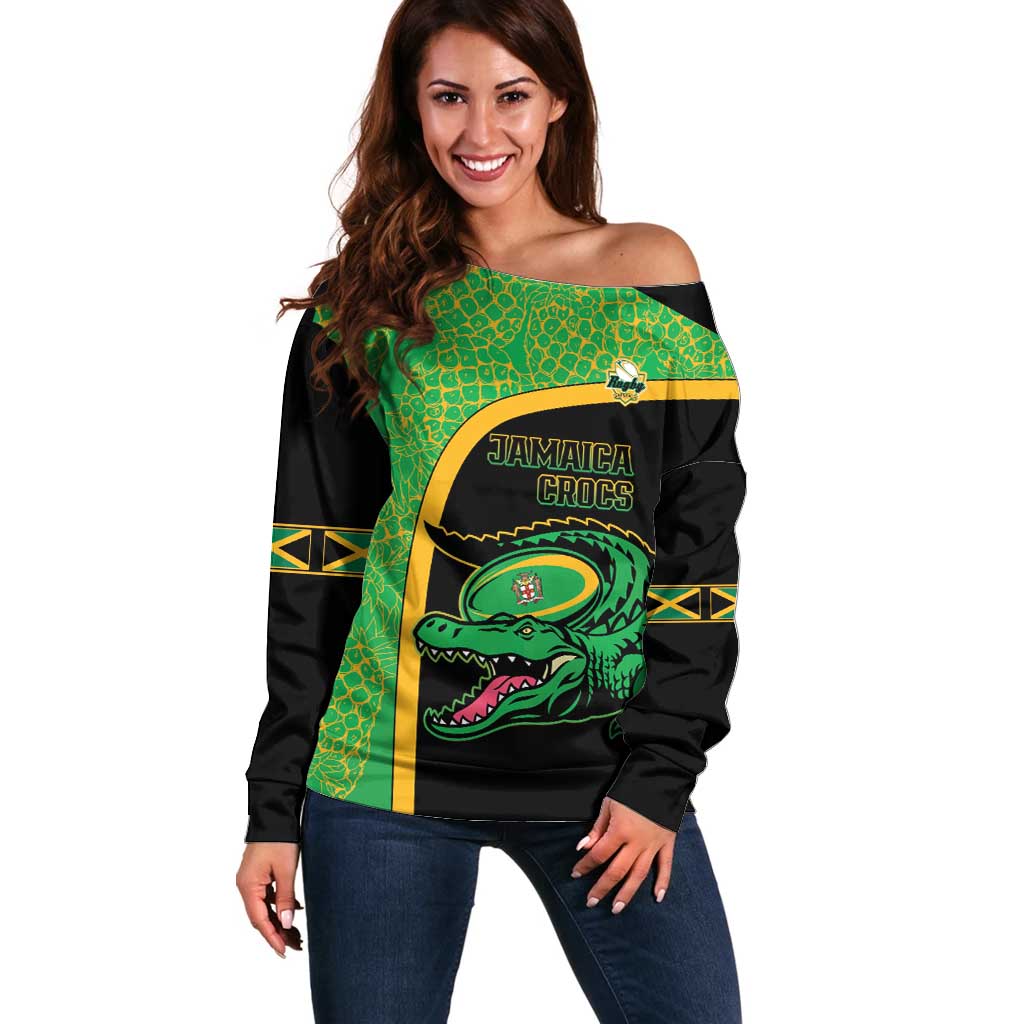 Jamaica Rugby Custom Off Shoulder Sweater Go Jamaica Crocs - Pineapple Pattern