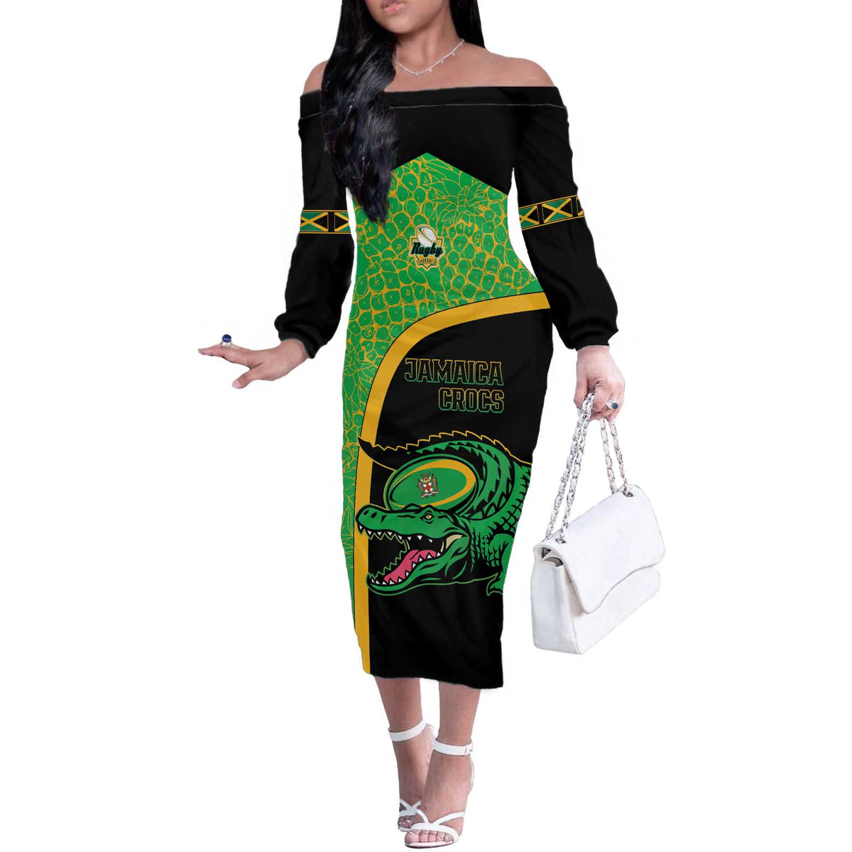 Jamaica Rugby Custom Off The Shoulder Long Sleeve Dress Go Jamaica Crocs - Pineapple Pattern