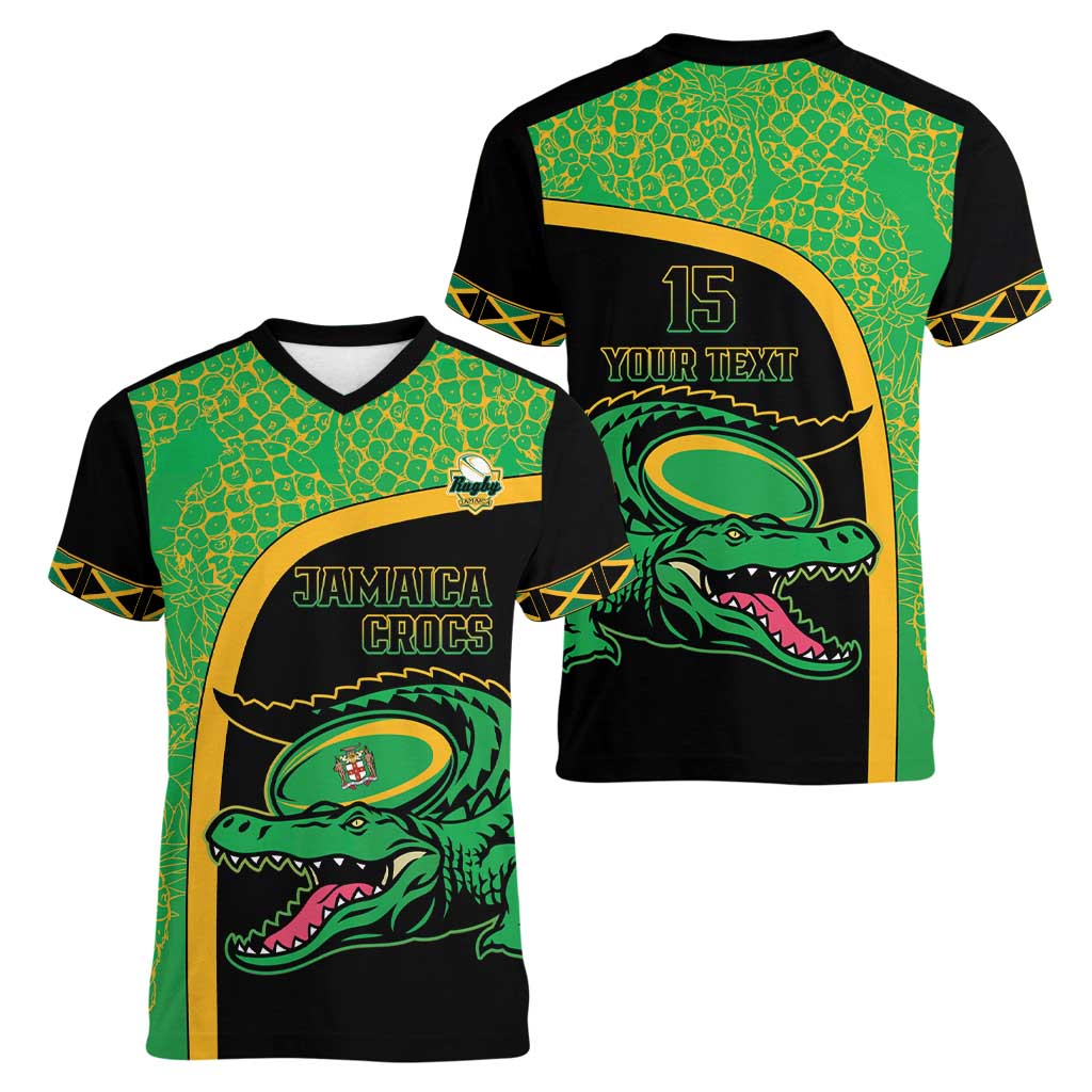 Jamaica Rugby Custom Women V-Neck T-Shirt Go Jamaica Crocs - Pineapple Pattern