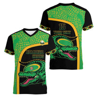 Jamaica Rugby Custom Women V-Neck T-Shirt Go Jamaica Crocs - Pineapple Pattern