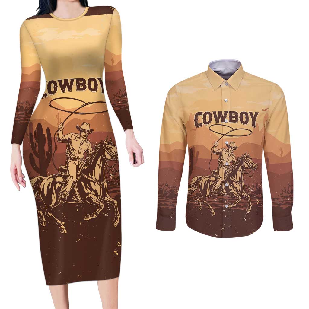 Black Cowboy Couples Matching Long Sleeve Bodycon Dress and Long Sleeve Button Shirt Take Me Away