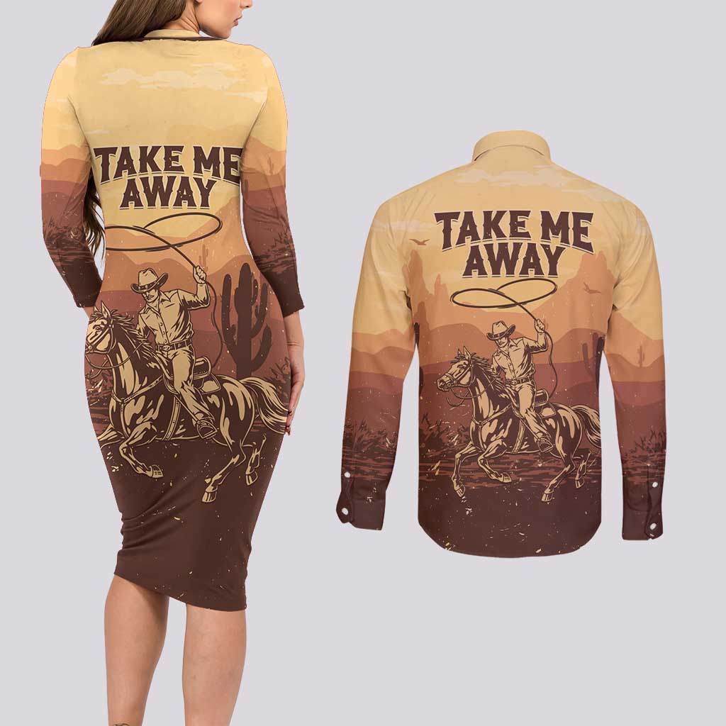 Black Cowboy Couples Matching Long Sleeve Bodycon Dress and Long Sleeve Button Shirt Take Me Away