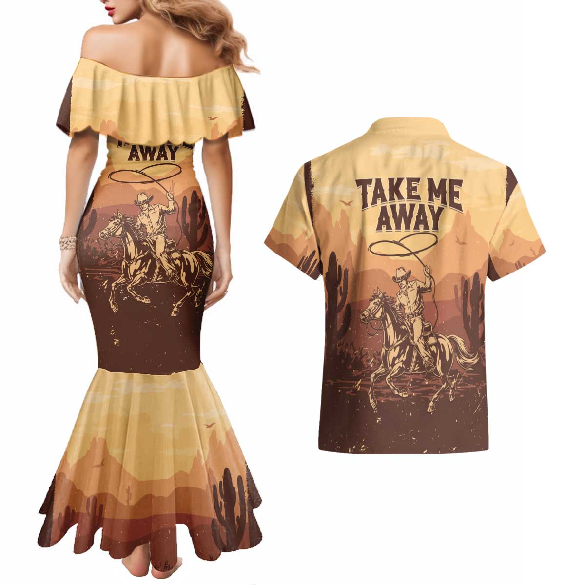 Black Cowboy Couples Matching Mermaid Dress and Hawaiian Shirt Take Me Away