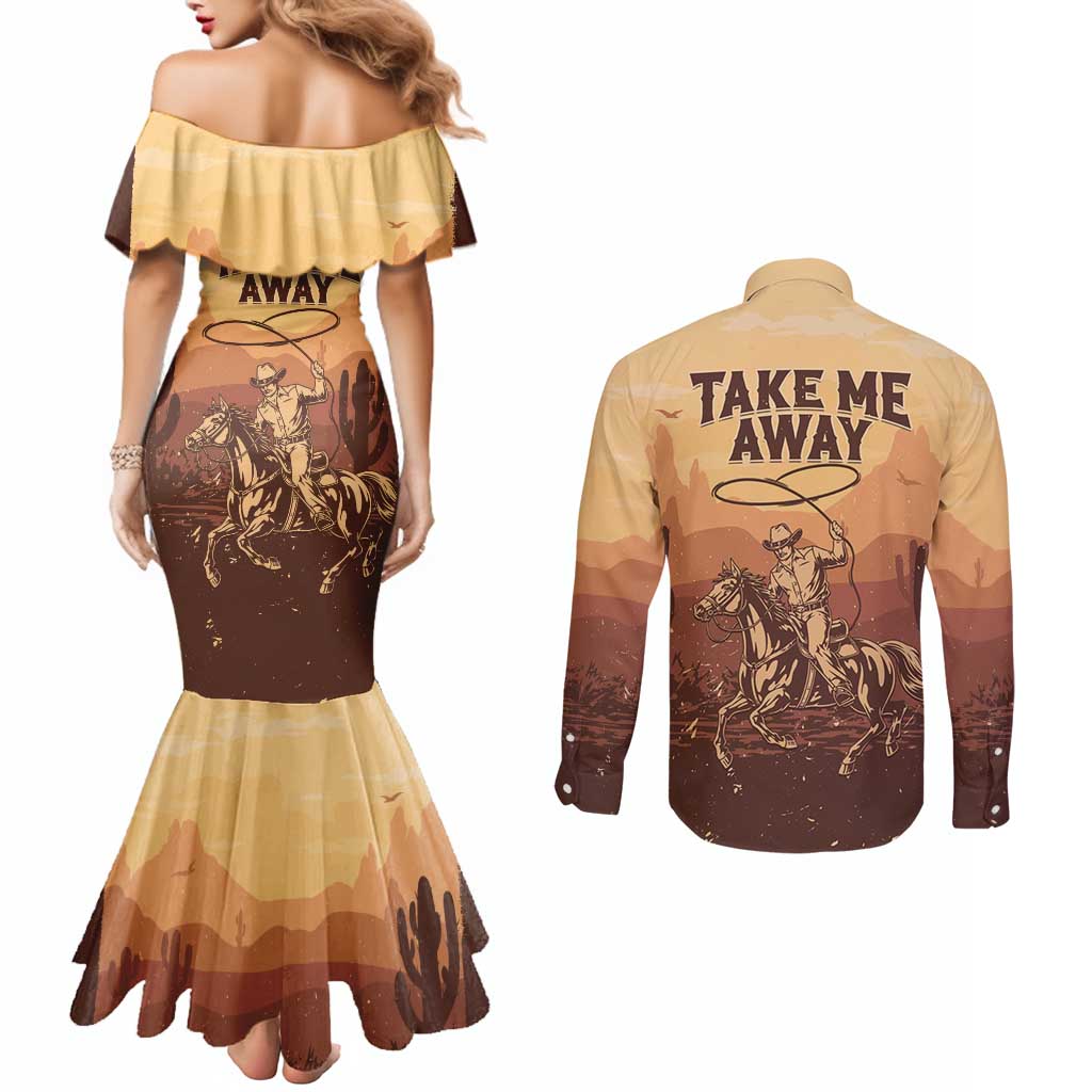 Black Cowboy Couples Matching Mermaid Dress and Long Sleeve Button Shirt Take Me Away