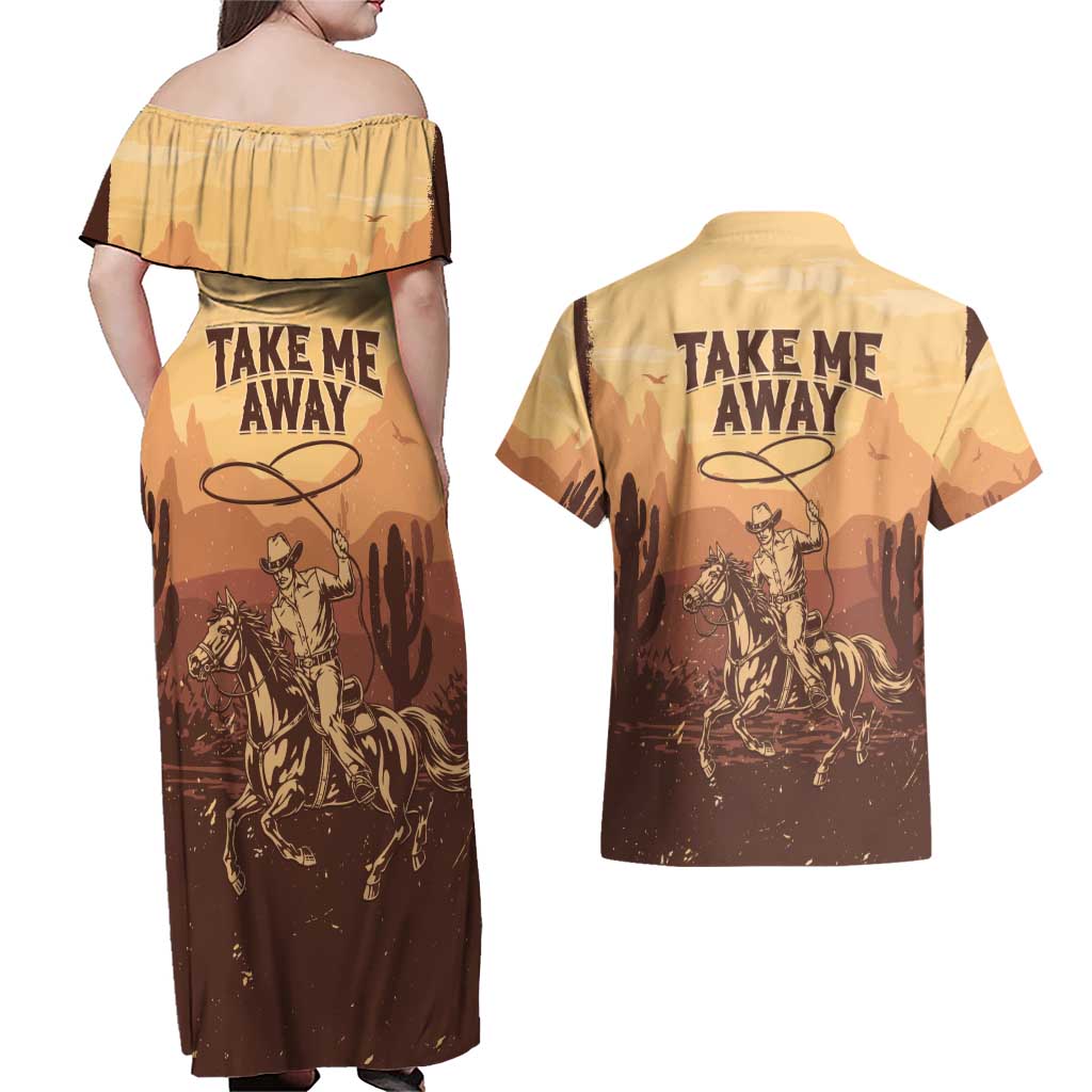 Black Cowboy Couples Matching Off Shoulder Maxi Dress and Hawaiian Shirt Take Me Away
