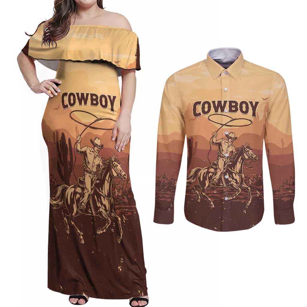 Black Cowboy Couples Matching Off Shoulder Maxi Dress and Long Sleeve Button Shirt Take Me Away