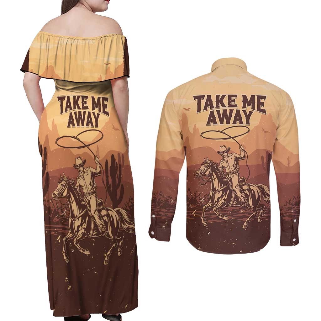 Black Cowboy Couples Matching Off Shoulder Maxi Dress and Long Sleeve Button Shirt Take Me Away