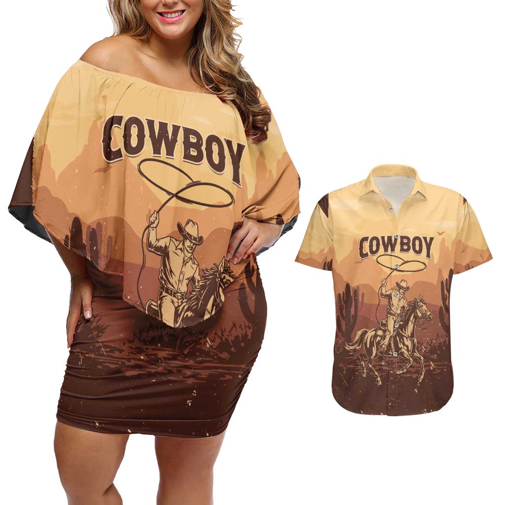 Black Cowboy Couples Matching Off Shoulder Short Dress and Hawaiian Shirt Take Me Away