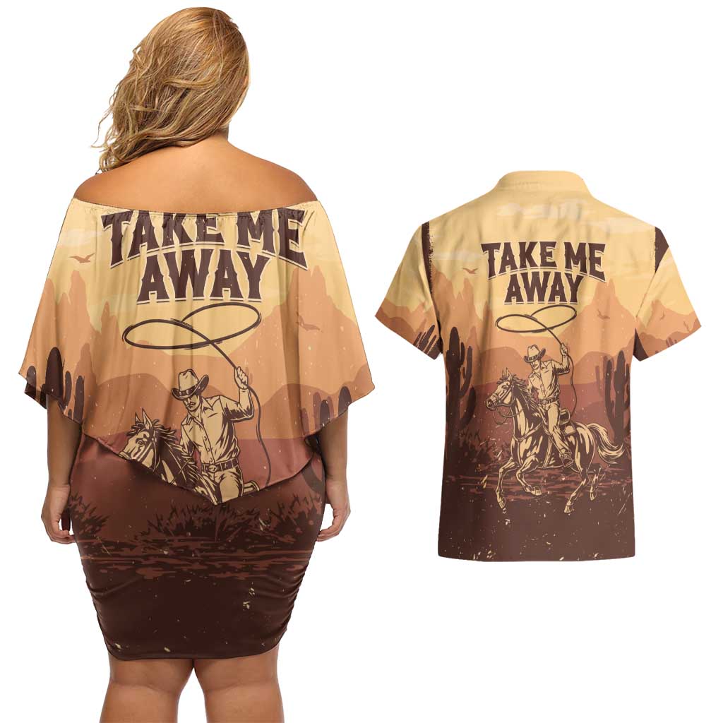 Black Cowboy Couples Matching Off Shoulder Short Dress and Hawaiian Shirt Take Me Away