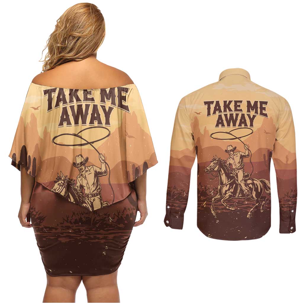 Black Cowboy Couples Matching Off Shoulder Short Dress and Long Sleeve Button Shirt Take Me Away