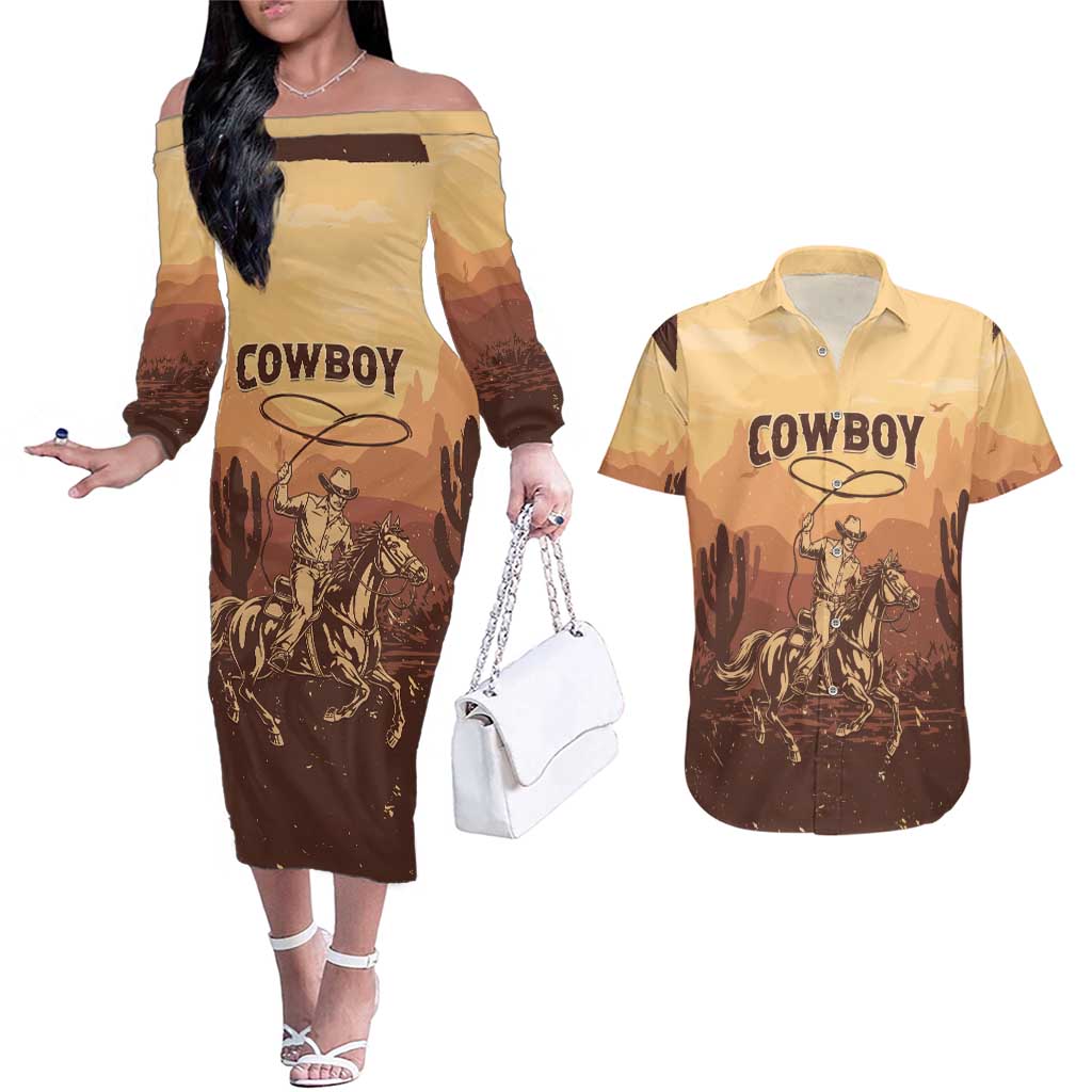 Black Cowboy Couples Matching Off The Shoulder Long Sleeve Dress and Hawaiian Shirt Take Me Away