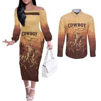 Black Cowboy Couples Matching Off The Shoulder Long Sleeve Dress and Long Sleeve Button Shirt Take Me Away