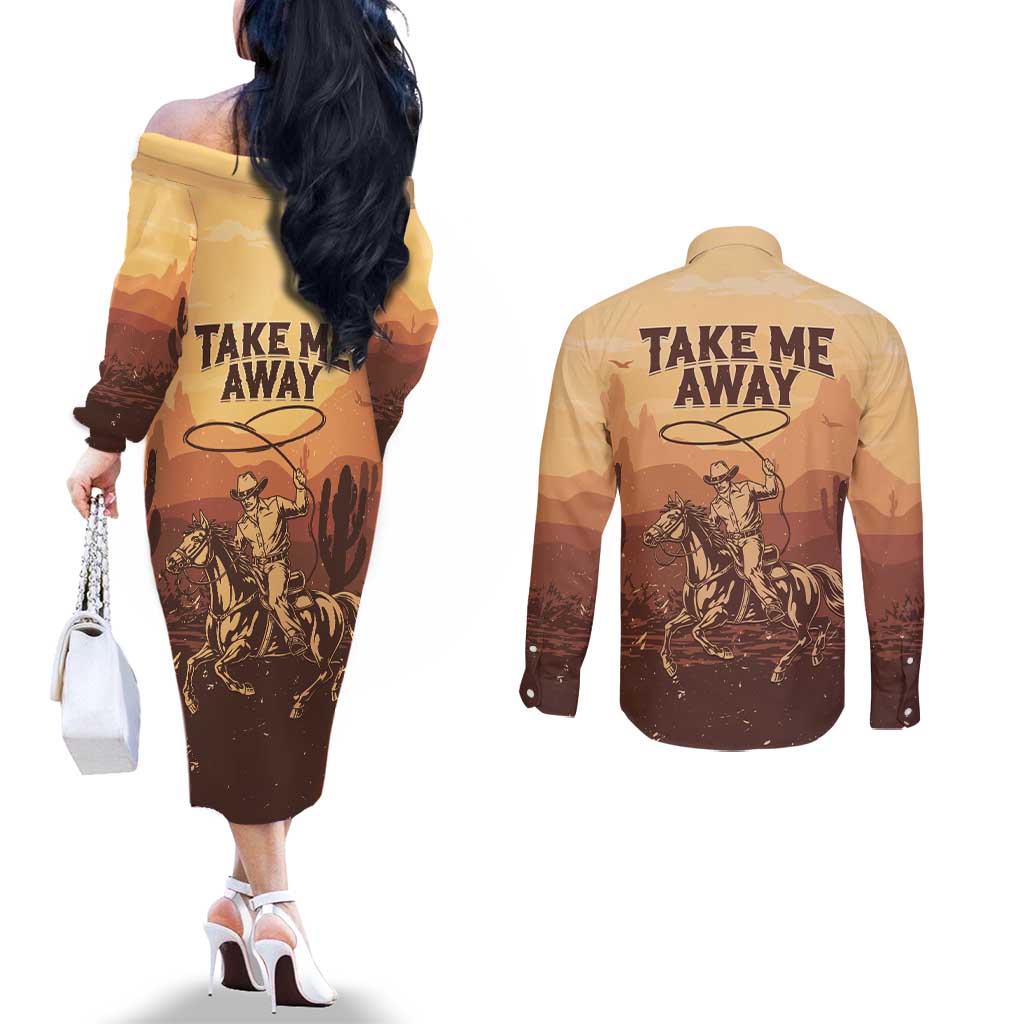 Black Cowboy Couples Matching Off The Shoulder Long Sleeve Dress and Long Sleeve Button Shirt Take Me Away