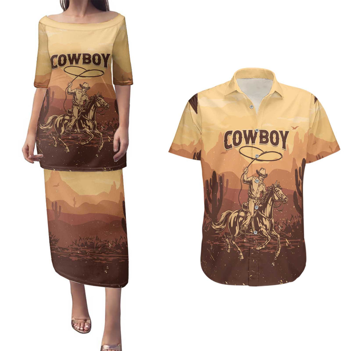 Black Cowboy Couples Matching Puletasi and Hawaiian Shirt Take Me Away