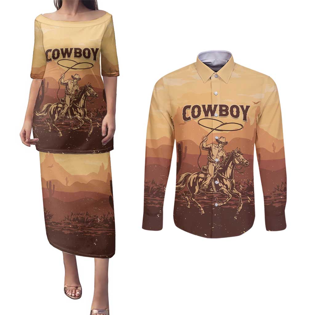 Black Cowboy Couples Matching Puletasi and Long Sleeve Button Shirt Take Me Away