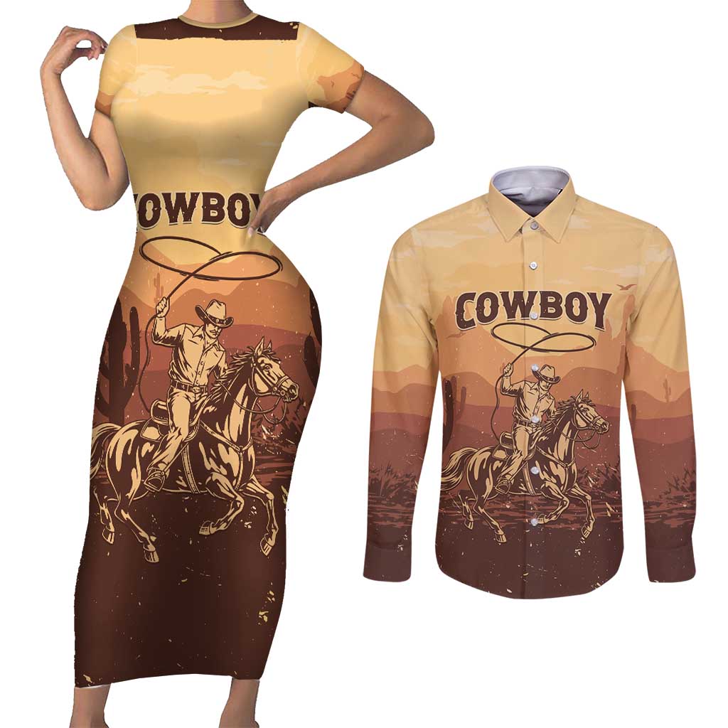 Black Cowboy Couples Matching Short Sleeve Bodycon Dress and Long Sleeve Button Shirt Take Me Away