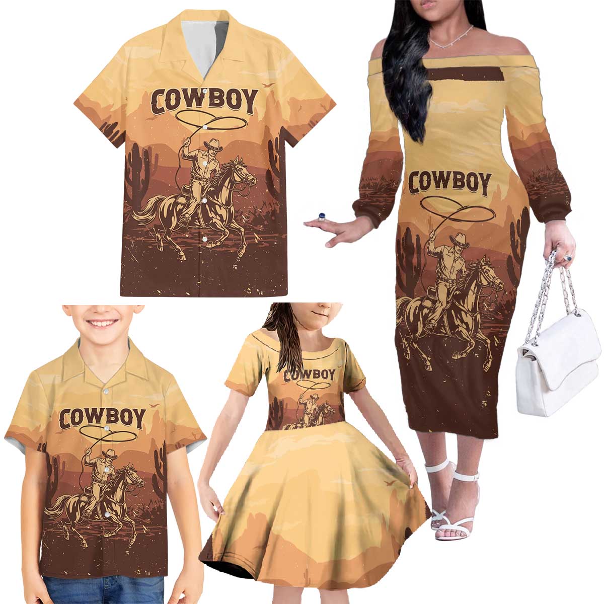 Black Cowboy Family Matching Off The Shoulder Long Sleeve Dress and Hawaiian Shirt Take Me Away