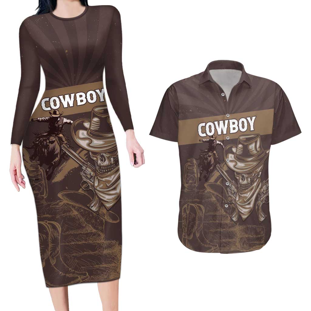 Personalised Skull Cowboy Couples Matching Long Sleeve Bodycon Dress and Hawaiian Shirt Vintage Style