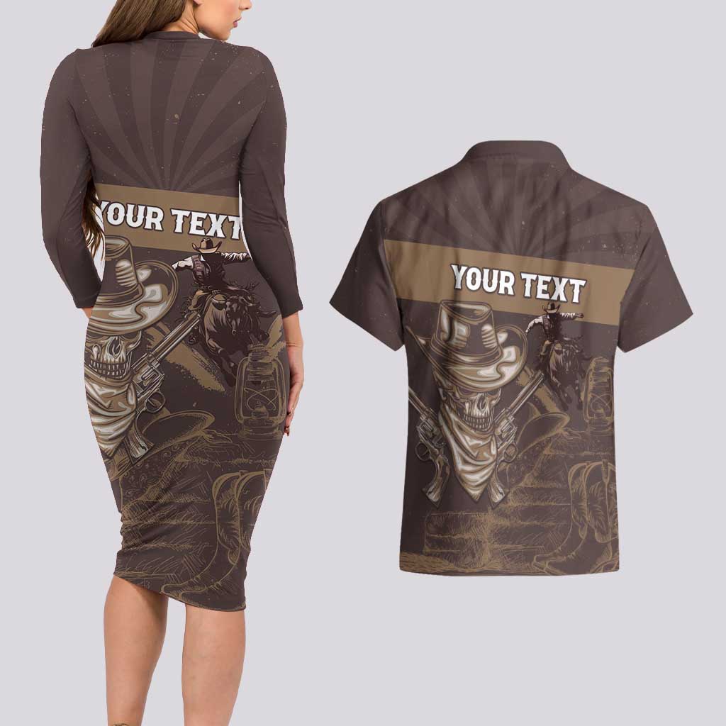 Personalised Skull Cowboy Couples Matching Long Sleeve Bodycon Dress and Hawaiian Shirt Vintage Style