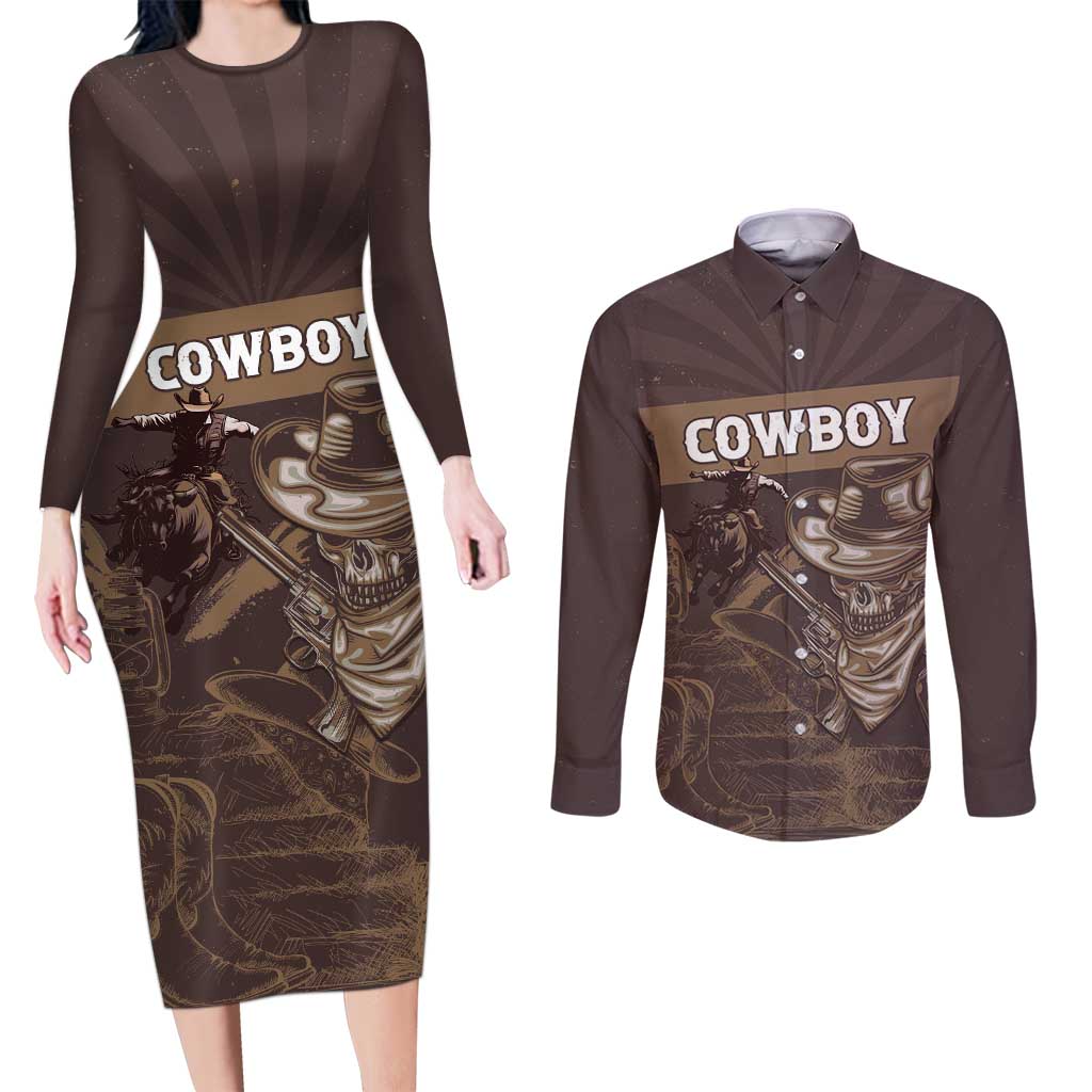 Personalised Skull Cowboy Couples Matching Long Sleeve Bodycon Dress and Long Sleeve Button Shirt Vintage Style