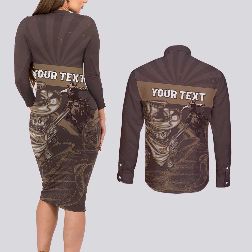 Personalised Skull Cowboy Couples Matching Long Sleeve Bodycon Dress and Long Sleeve Button Shirt Vintage Style