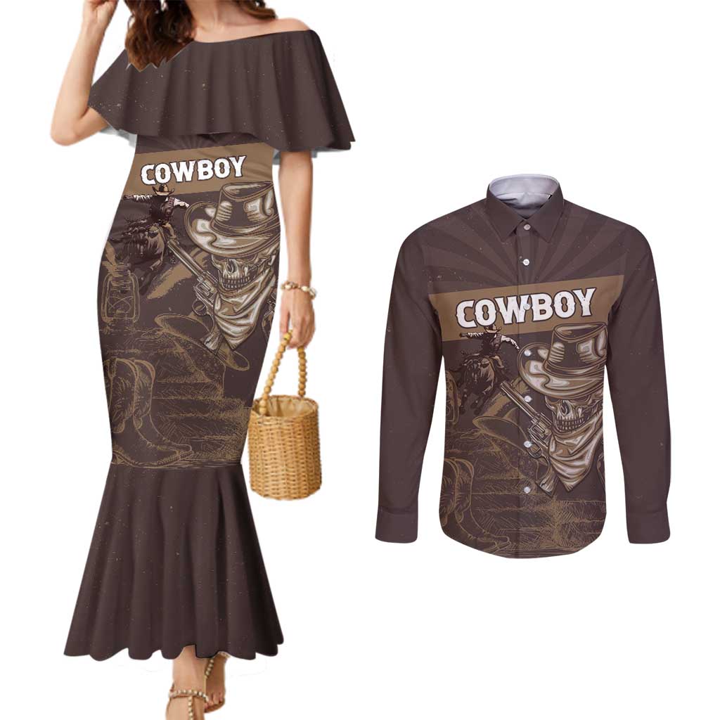 Personalised Skull Cowboy Couples Matching Mermaid Dress and Long Sleeve Button Shirt Vintage Style