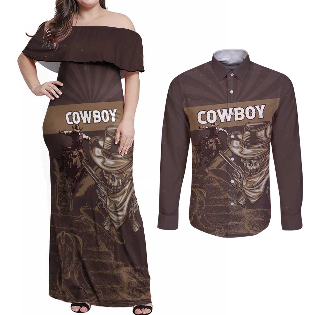 Personalised Skull Cowboy Couples Matching Off Shoulder Maxi Dress and Long Sleeve Button Shirt Vintage Style