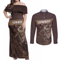 Personalised Skull Cowboy Couples Matching Off Shoulder Maxi Dress and Long Sleeve Button Shirt Vintage Style
