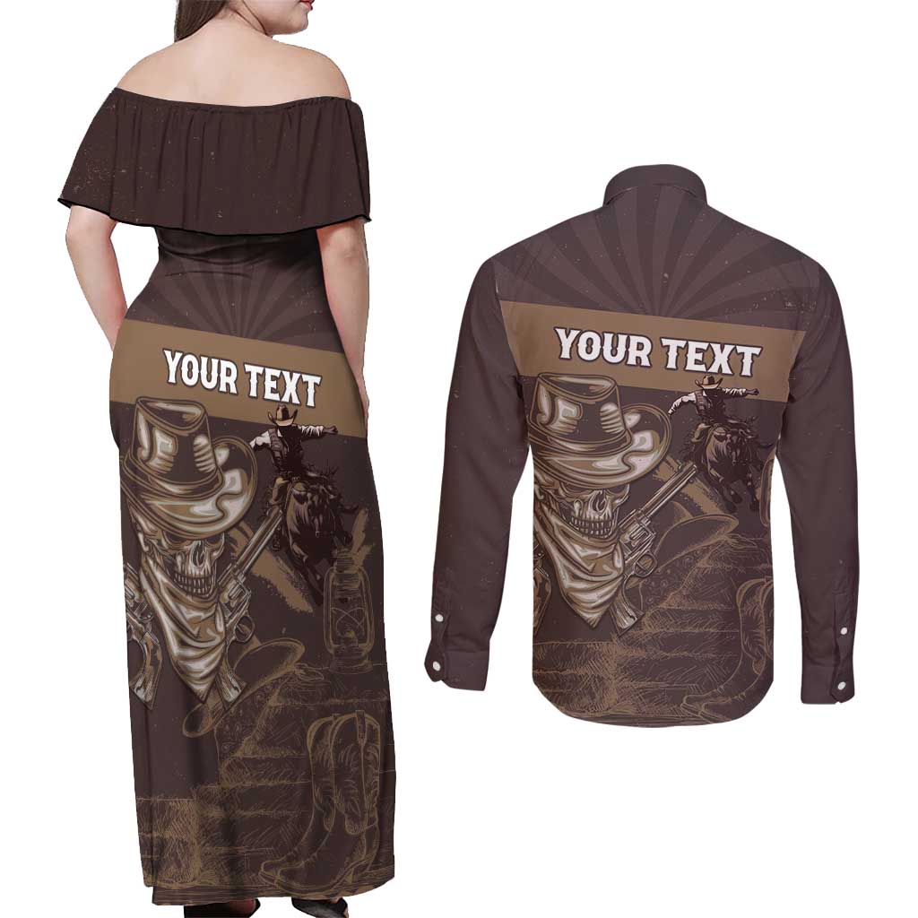 Personalised Skull Cowboy Couples Matching Off Shoulder Maxi Dress and Long Sleeve Button Shirt Vintage Style