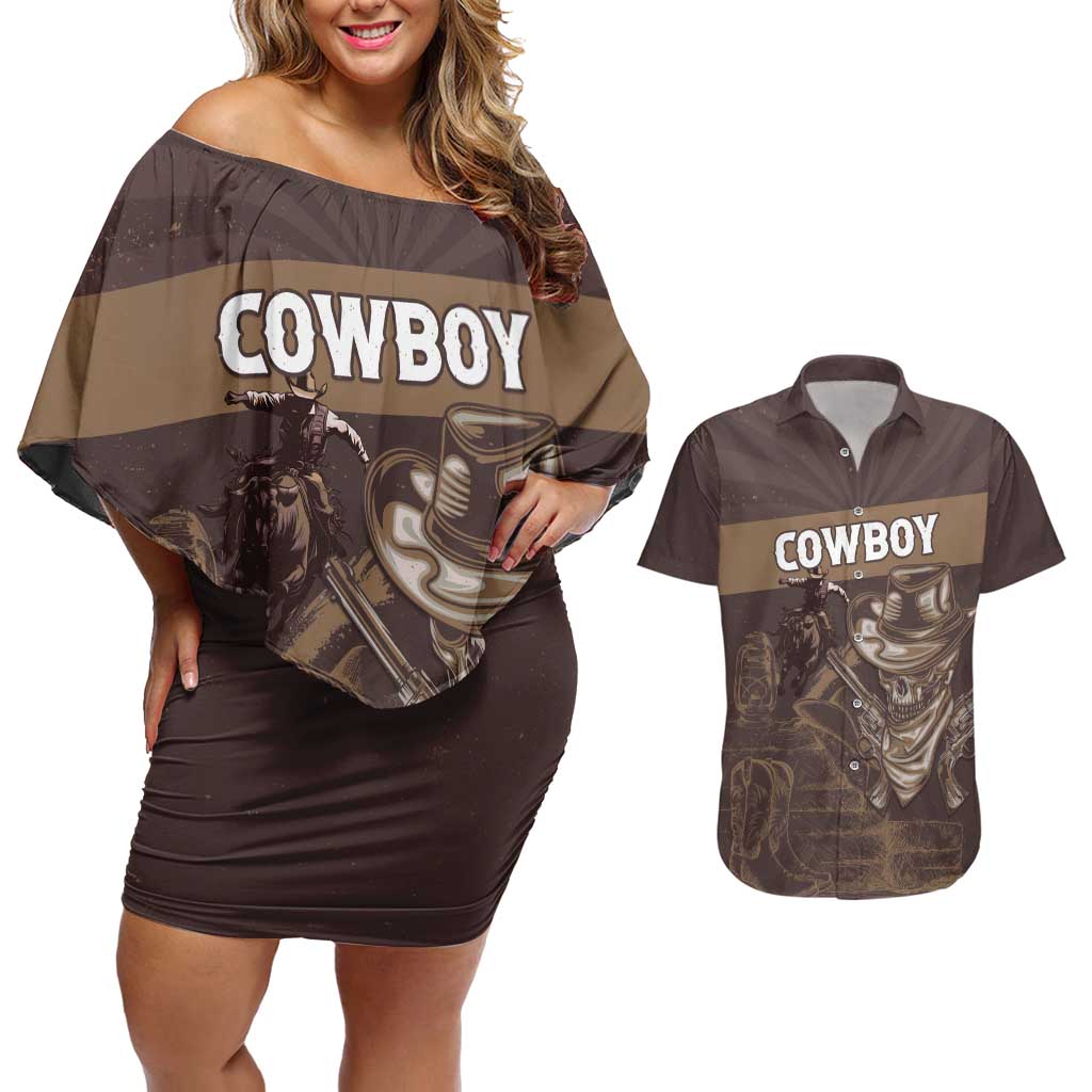 Personalised Skull Cowboy Couples Matching Off Shoulder Short Dress and Hawaiian Shirt Vintage Style