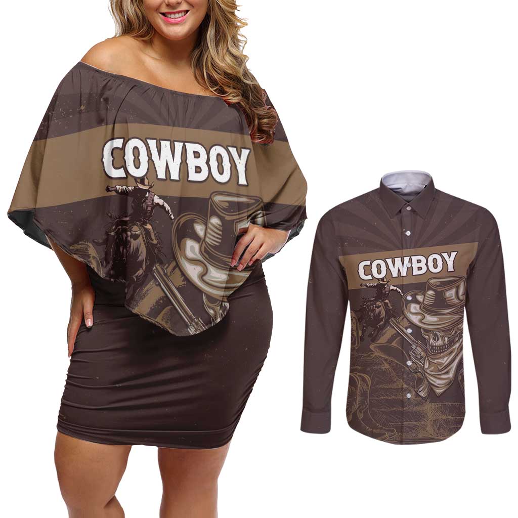 Personalised Skull Cowboy Couples Matching Off Shoulder Short Dress and Long Sleeve Button Shirt Vintage Style